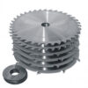Stack of metal circular saw blades with center arbor hole and mounting washer
