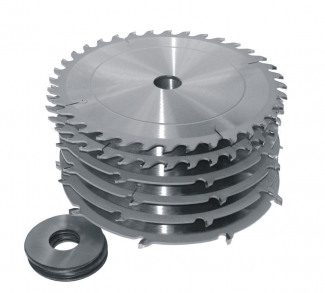 Stack of metal circular saw blades with center arbor hole and mounting washer
