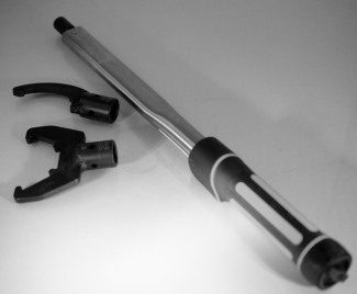 Mechanical bearing puller tool with sliding hammer shaft and interchangeable jaw attachments on gray background