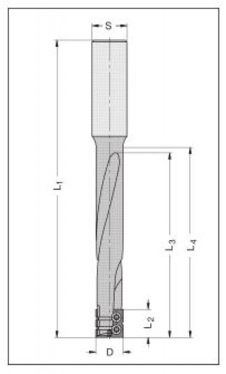 Technical drawing of spiral drill bit or end mill showing cylindrical shank, helical fluted cutting section, and cutting head with dimensional measurements S, L1, L2, and D labeled
