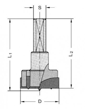 Technical drawing of a tool holder or collet assembly showing a stepped cylindrical component with dimensional labels S, L1, L2, and D, featuring internal sectional details of the clamping mechanism.
