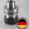 High-precision metal mechanical spindle component with CDP markings and specifications, featuring a "Made in Germany" badge with German flag colors