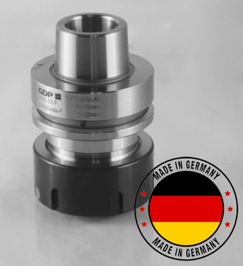 High-precision metal mechanical spindle component with CDP markings and specifications, featuring a "Made in Germany" badge with German flag colors