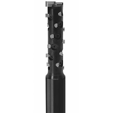 Indexable helical milling cutter with multiple carbide inserts on a black shank, industrial machining tool close-up on white background