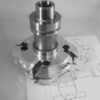CNC precision collet chuck assembly with black adjustment screws displayed on technical engineering drawings