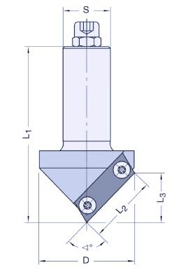 Technical drawing of router bit or cutting tool with cylindrical shank and conical cutting head, showing dimensional measurements S, L, D and cutting angles, with bearing guides and cutting edges
