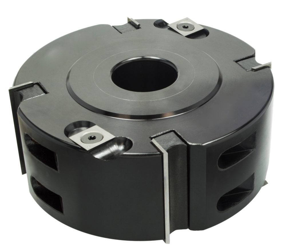 Industrial rotary milling cutter head with replaceable carbide inserts and central mounting bore for CNC machining applications