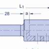 Technical drawing of a mechanical shaft showing dimensional specifications including overall length L1, a 28mm section length, diameter measurements labeled as d and D, a 10mm dimension, and parameter 'a'. The drawing includes both external profile and cross-sectional details with internal features visible in the larger diameter section.