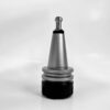 Metallic conical tool holder with black mounting rings and precision grooves on white background