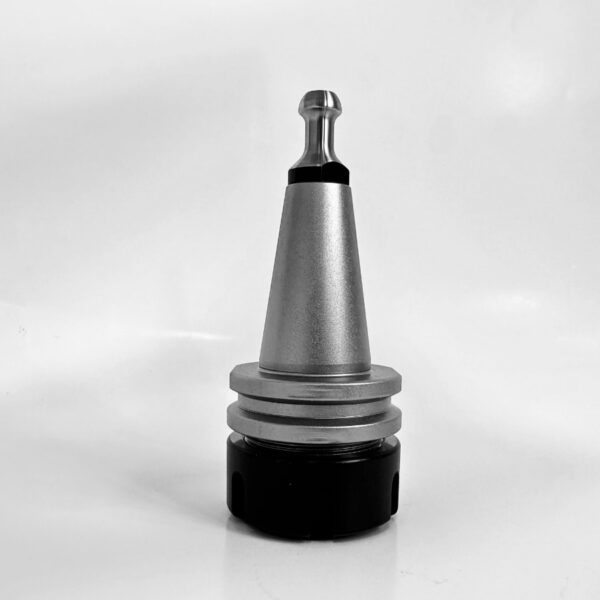 Metallic conical tool holder with black mounting rings and precision grooves on white background