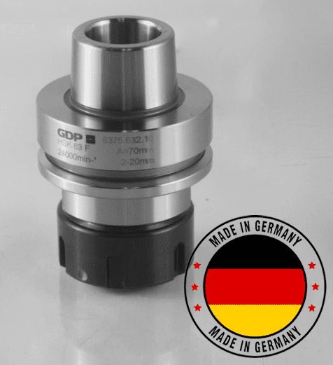 GDP HSK tool holder precision steel component with Made in Germany badge and technical specifications label