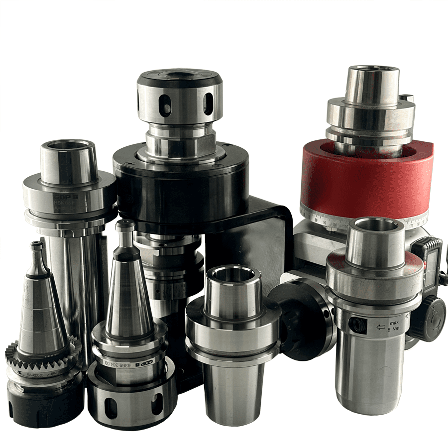 CNC tool holders collet chucks and spindle adapters in steel and anodized aluminum