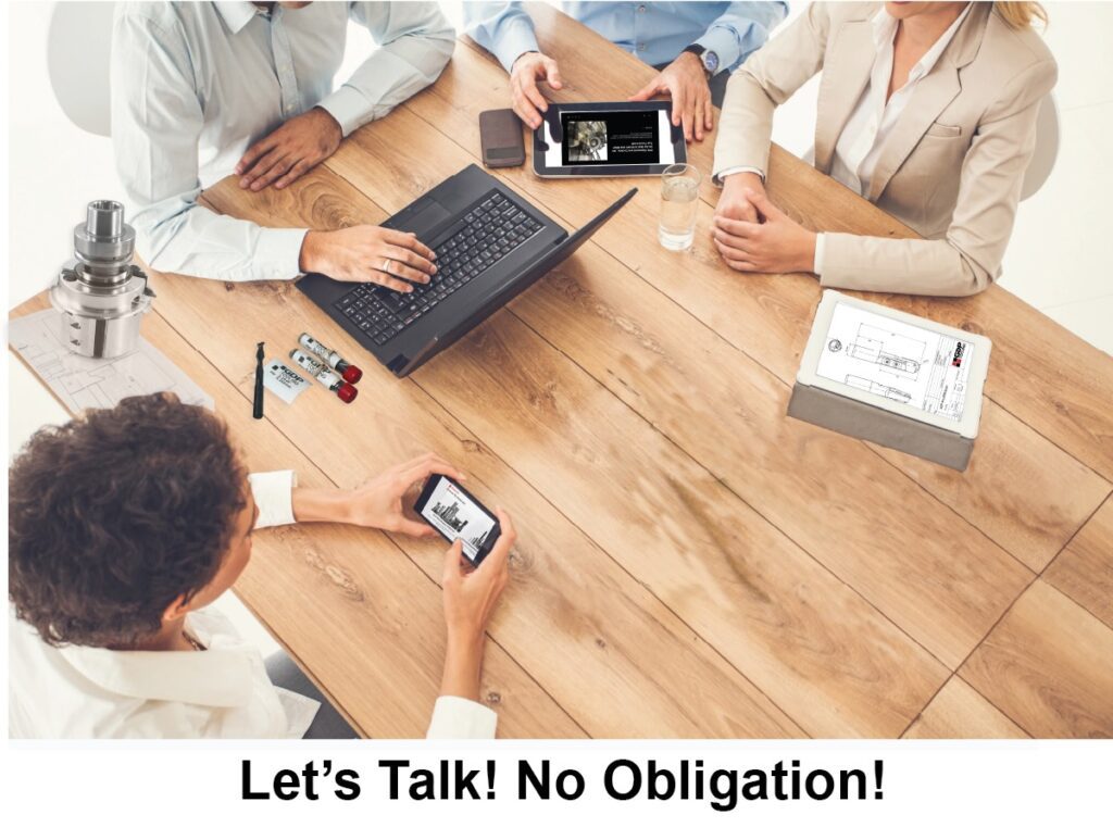 Business team meeting discussing CNC machining tools and manufacturing solutions with laptop and technical drawings consultation