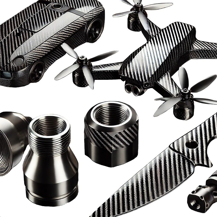 Carbon fiber drone components and precision metal threaded fittings on white background